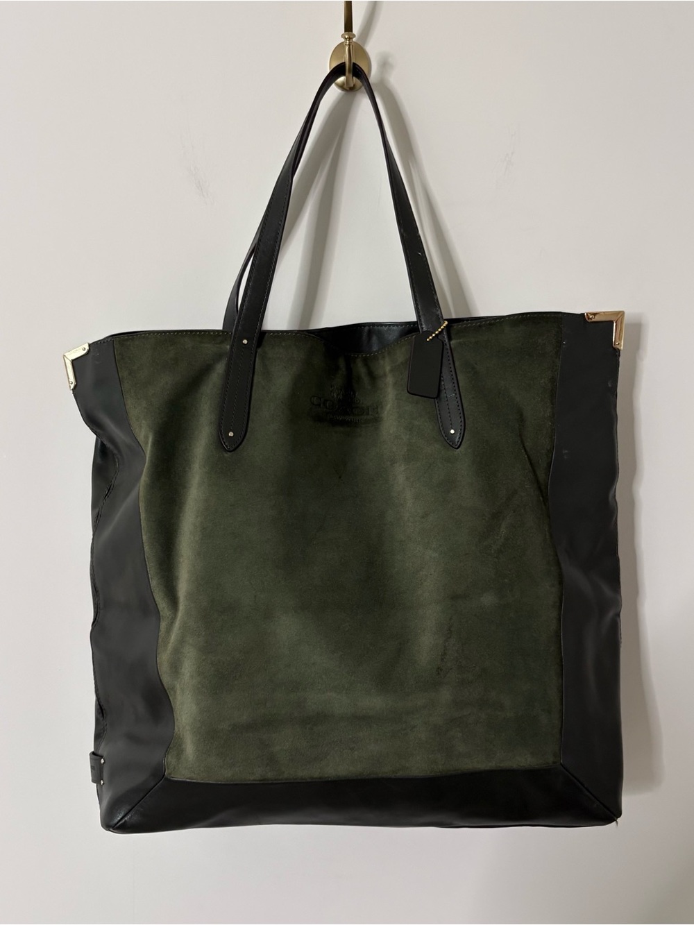 Coach Olive Green Leather Suede Tote Bag